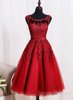 Red Tea Length Round Homecoming Dress, Lace Applique Red Party Dress, Vintage Style Prom Dress