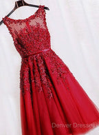 Red Tea Length Round Homecoming Dress, Lace Applique Red Party Dress, Vintage Style Prom Dress