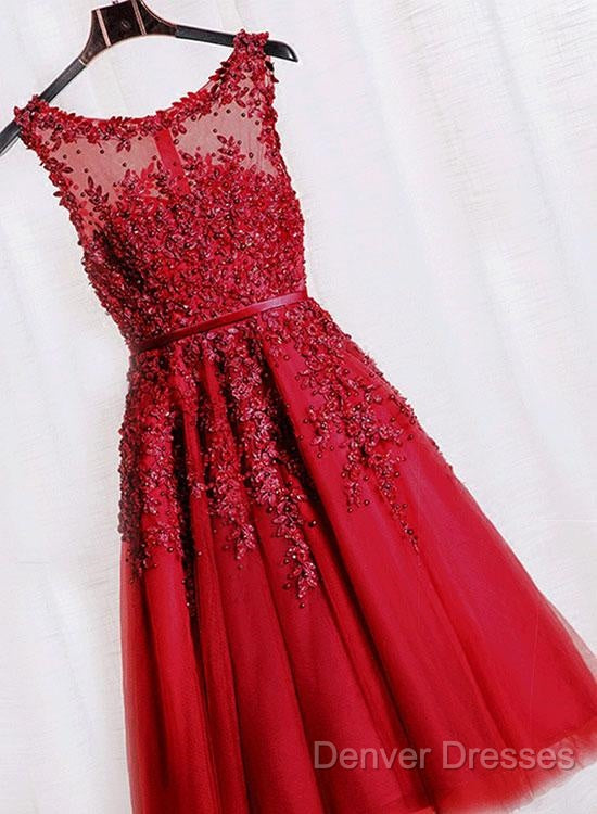 Red Tea Length Round Homecoming Dress, Lace Applique Red Party Dress, Vintage Style Prom Dress