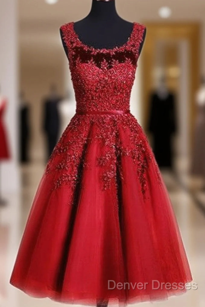 Red Tea Length Round Homecoming Dress, Lace Applique Red Party Dress, Vintage Style Prom Dress
