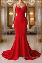 Red Thin Straps Mermaid Backless Long Prom Dress, Red Mermaid Formal Dress, Red Evening Dress