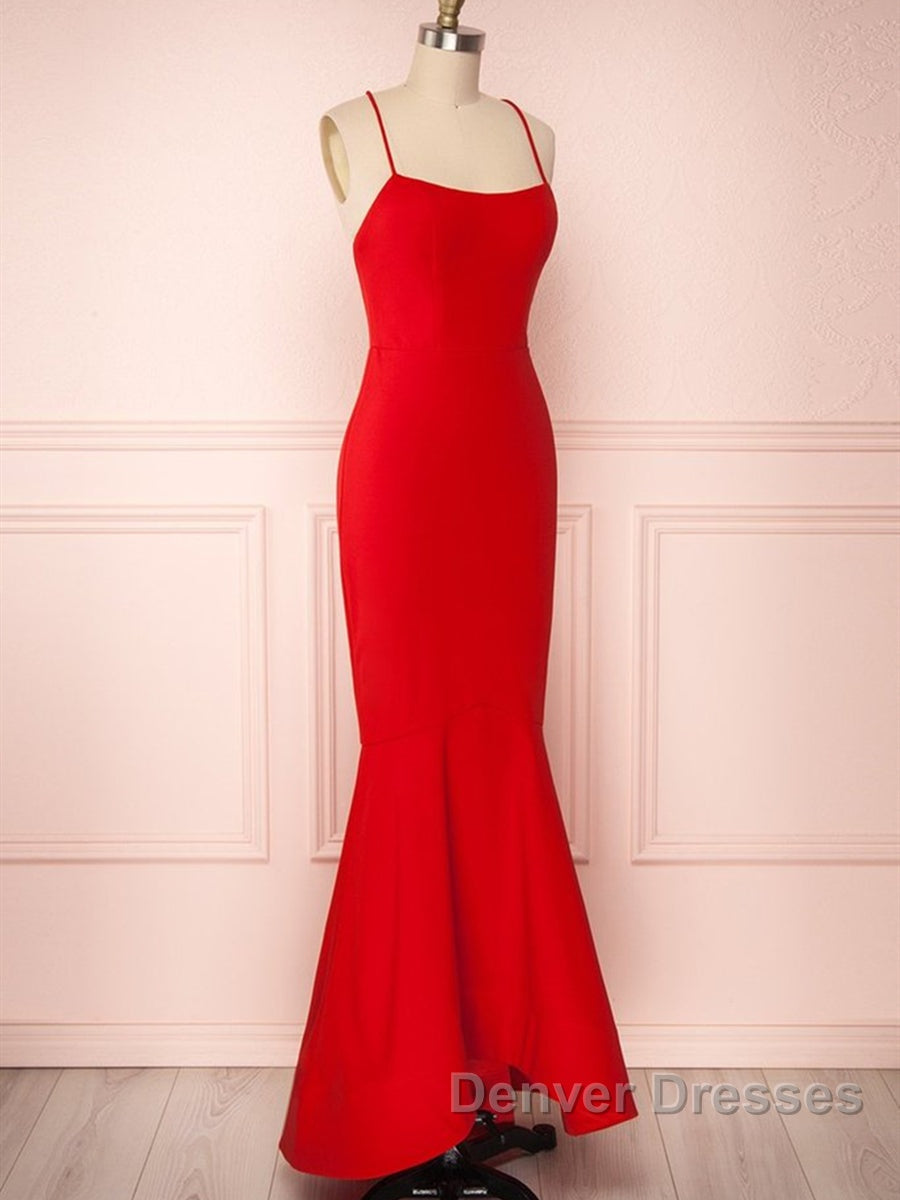 Red Thin Straps Mermaid Backless Long Prom Dress, Red Mermaid Formal Dress, Red Evening Dress