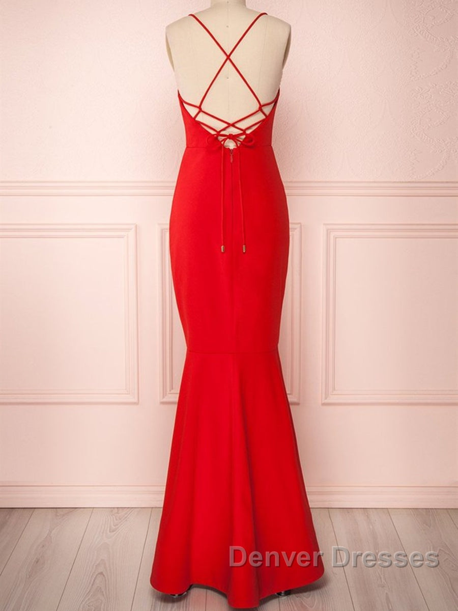 Red Thin Straps Mermaid Backless Long Prom Dress, Red Mermaid Formal Dress, Red Evening Dress