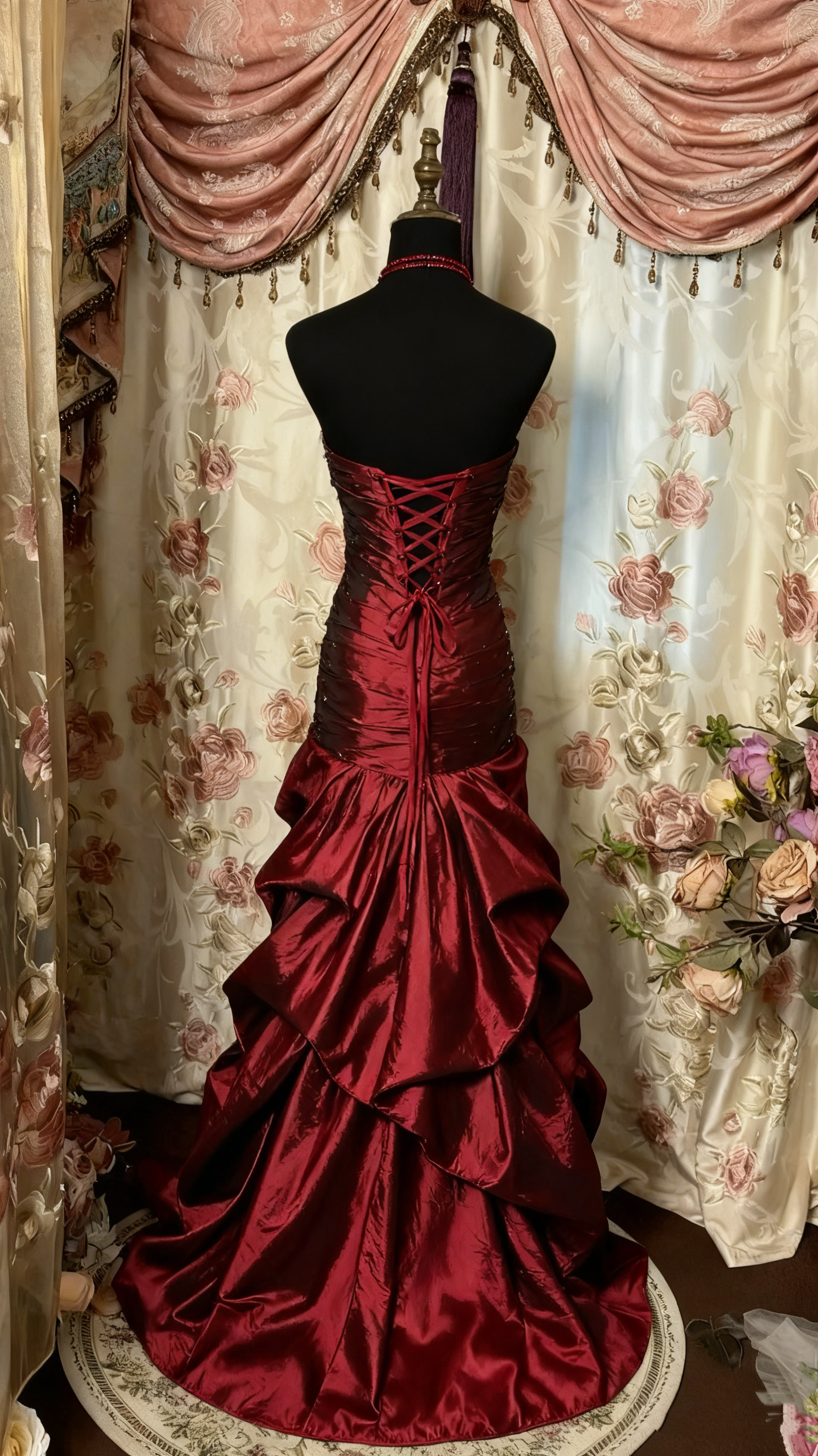 Red Tube Top Shiny Retro Elegant Long Layered Satin Ball Gown Evening Dress