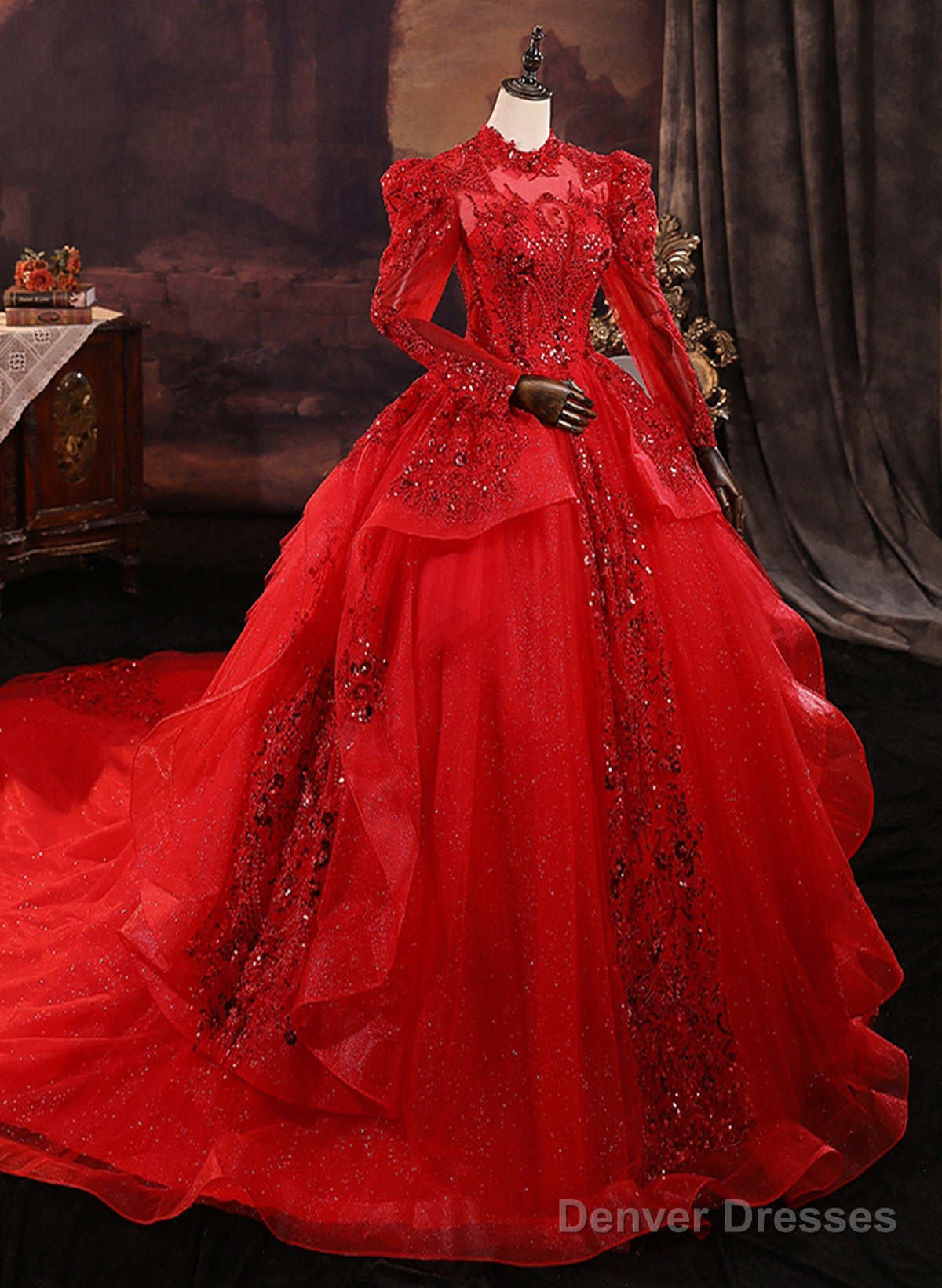 Red Tulle Ball Gown Long Sleeves Sequins Wedding Party Dress, Red Tulle Formal Dress