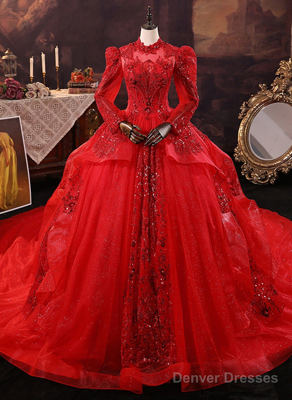 Red Tulle Ball Gown Long Sleeves Sequins Wedding Party Dress, Red Tulle Formal Dress Main image