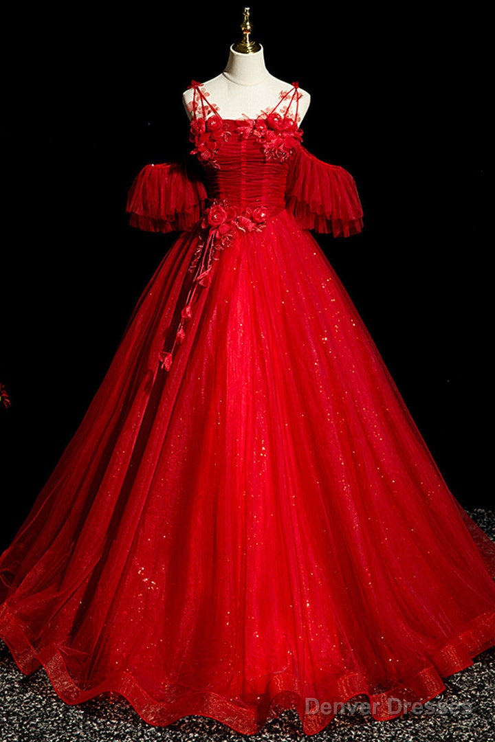 Red Tulle Ball Gown Off Shoulder Sweet 16 Formal Dresses, Red Evening Gown Party Dress