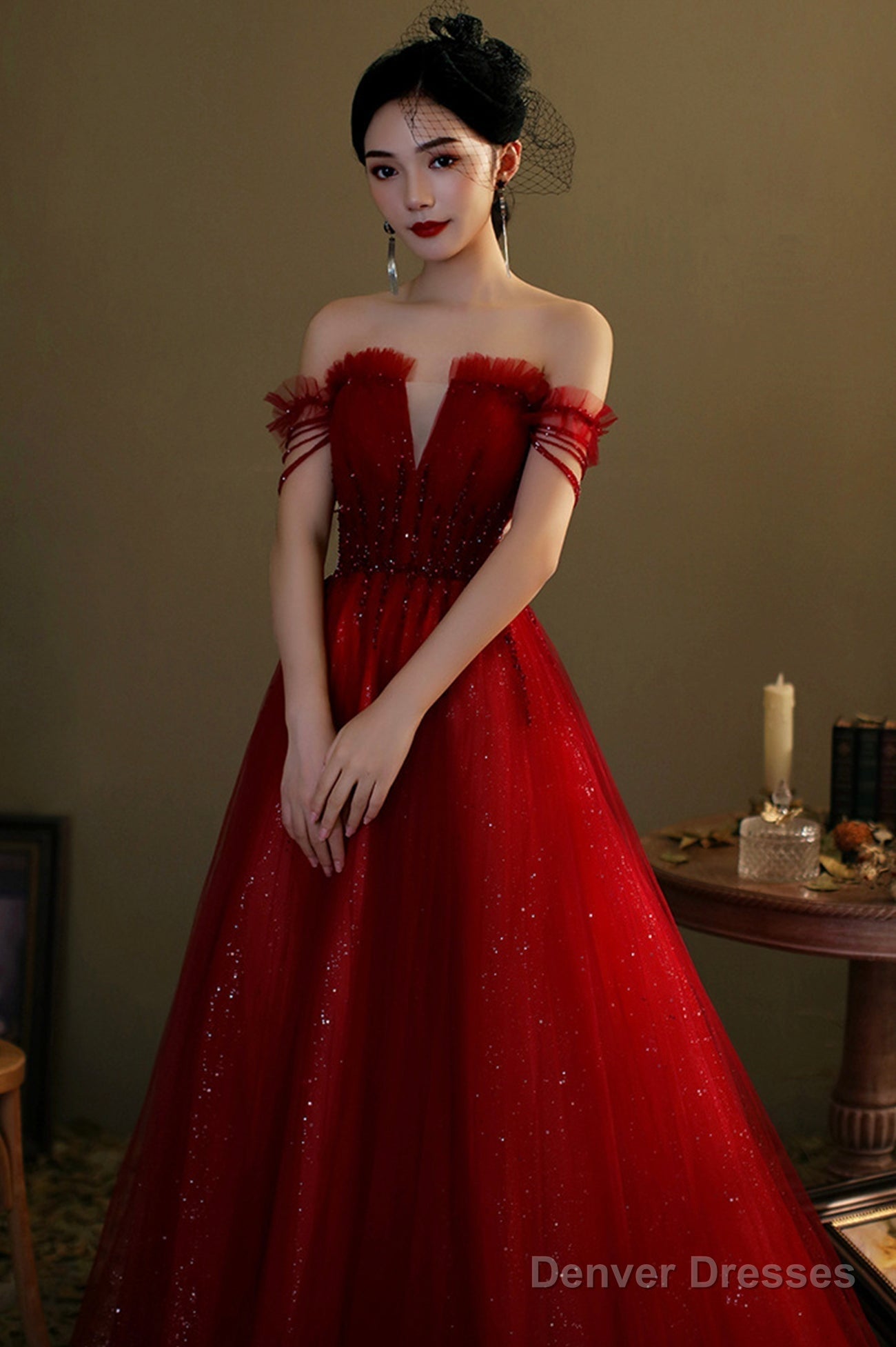 Red Tulle Beaded Long Prom Dress, A-Line Off The Shoulder Evening Dress Secondary image
