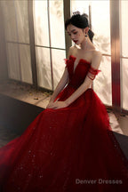 Red Tulle Beaded Long Prom Dress, A-Line Off The Shoulder Evening Dress