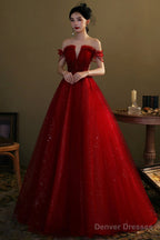 Red Tulle Beaded Long Prom Dress, A-Line Off The Shoulder Evening Dress