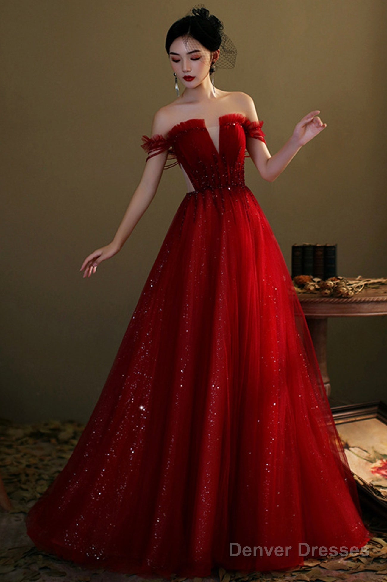 Red Tulle Beaded Long Prom Dress, A-Line Off The Shoulder Evening Dress