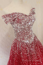 Red Tulle Beaded Off The Shoulder Long Party Gown, Red Formal Dress