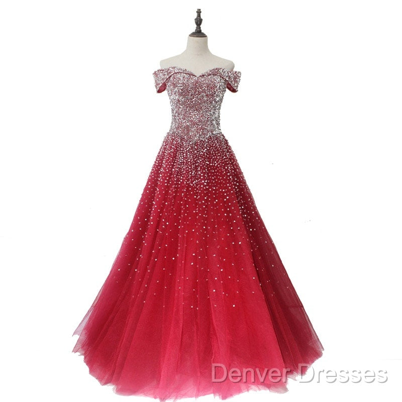 Red Tulle Beaded Off The Shoulder Long Party Gown, Red Formal Dress
