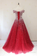 Red Tulle Beaded Off The Shoulder Long Party Gown, Red Formal Dress