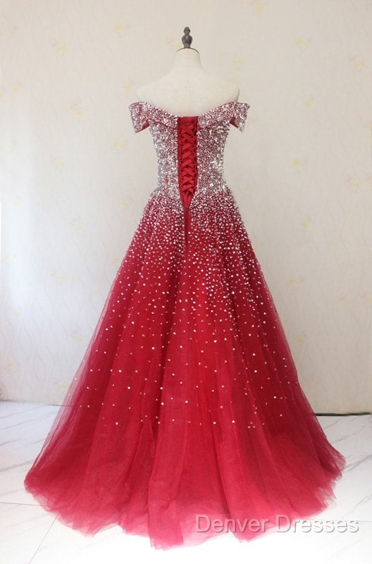 Red Tulle Beaded Off The Shoulder Long Party Gown, Red Formal Dress