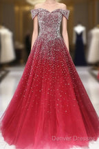 Red Tulle Beaded Off The Shoulder Long Party Gown, Red Formal Dress