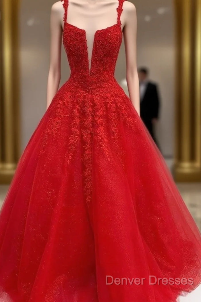 Red Tulle Lace Appliques Long Prom Dress A Line Formal Evening Dress Main image