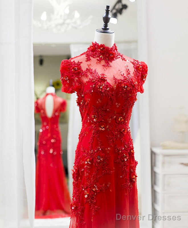 Red Tulle Lace Long Prom Dress, Red Lace Tulle Formal Dress