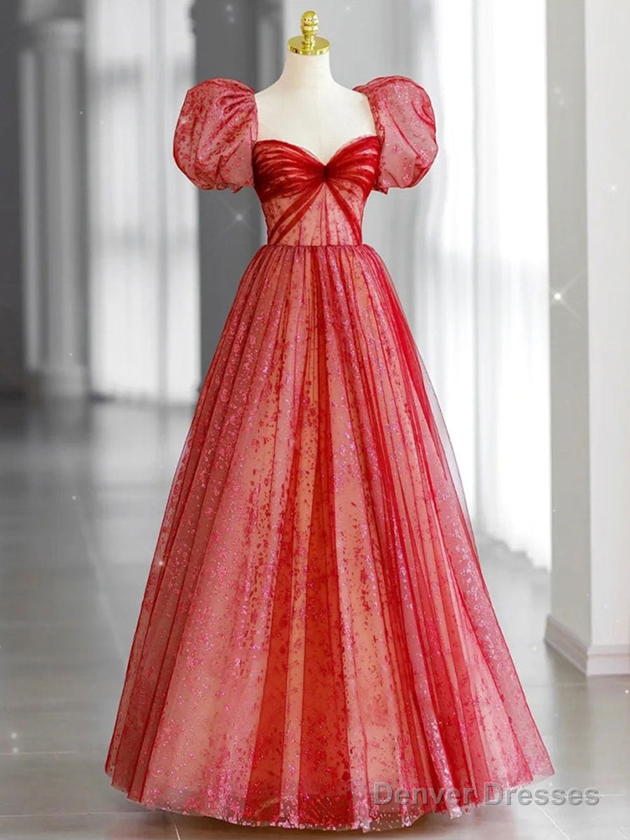 Red Tulle Lace Long Prom Dress, Red Tulle Formal Dress Main image