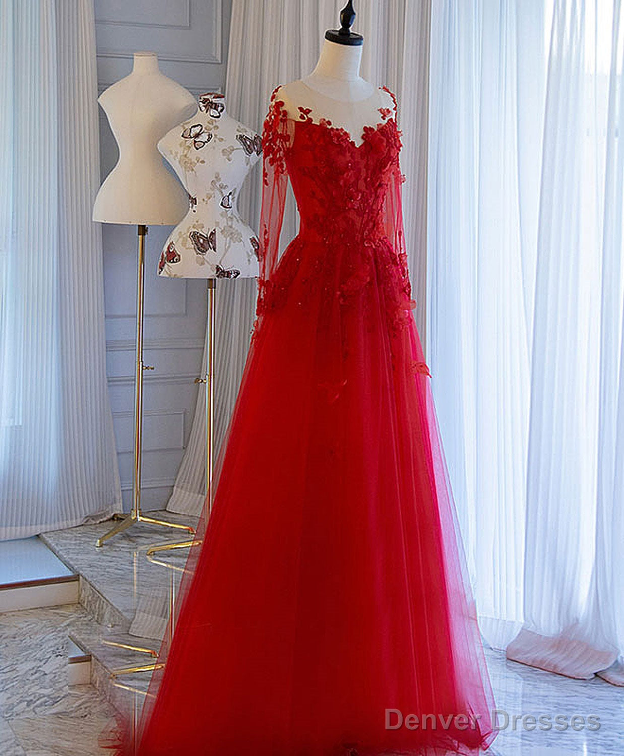 Red Tulle Lace Off Shoulder Long Prom Dress Red Lace Evening Dress Main image