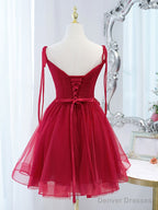 Red Tulle Lace Short Prom Dress Red Lace Puffy Homecoming Dress