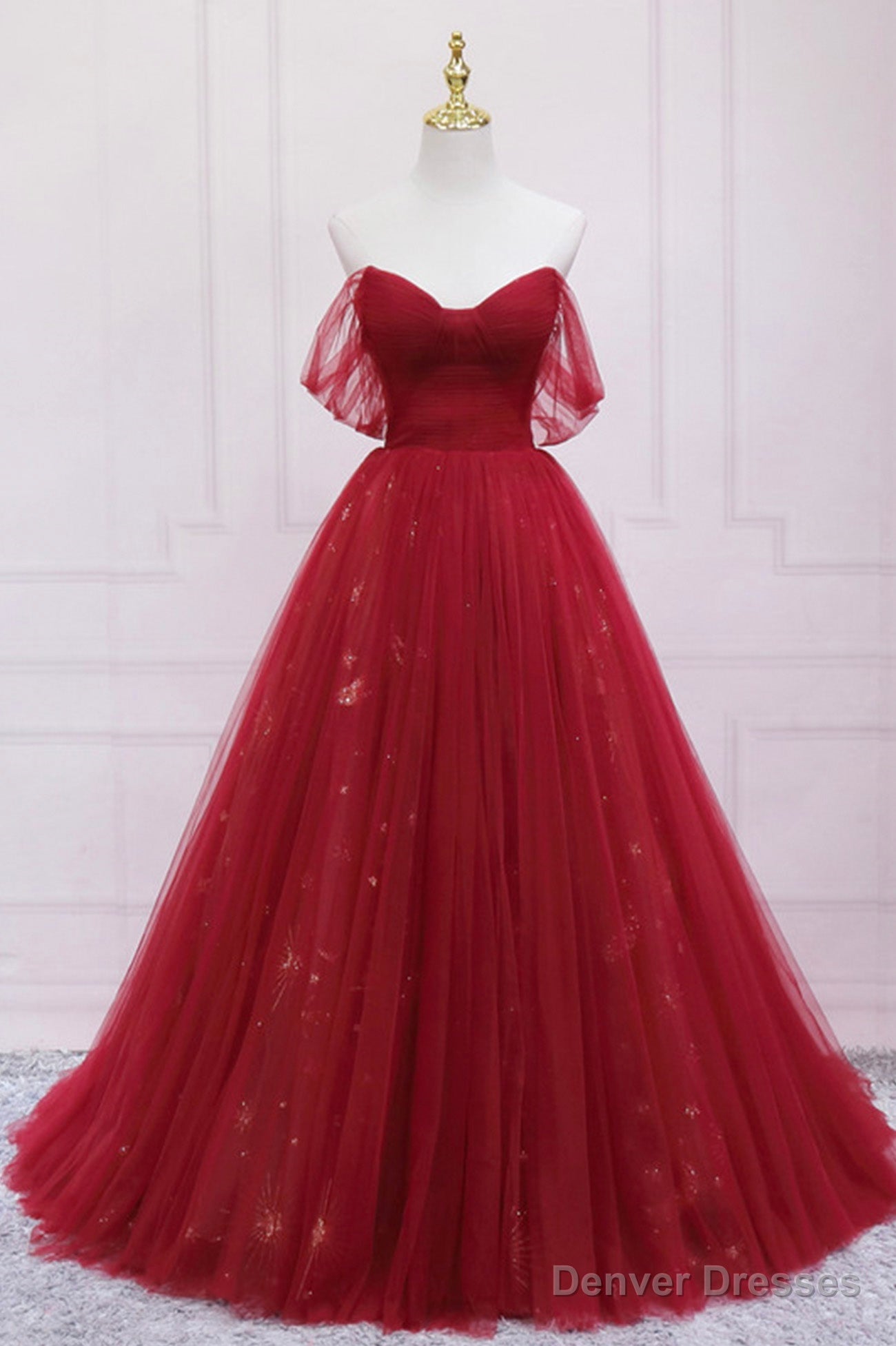 Red Tulle Long A-Line Prom Dress, Off the Shoulder Formal Evening Dress Main image
