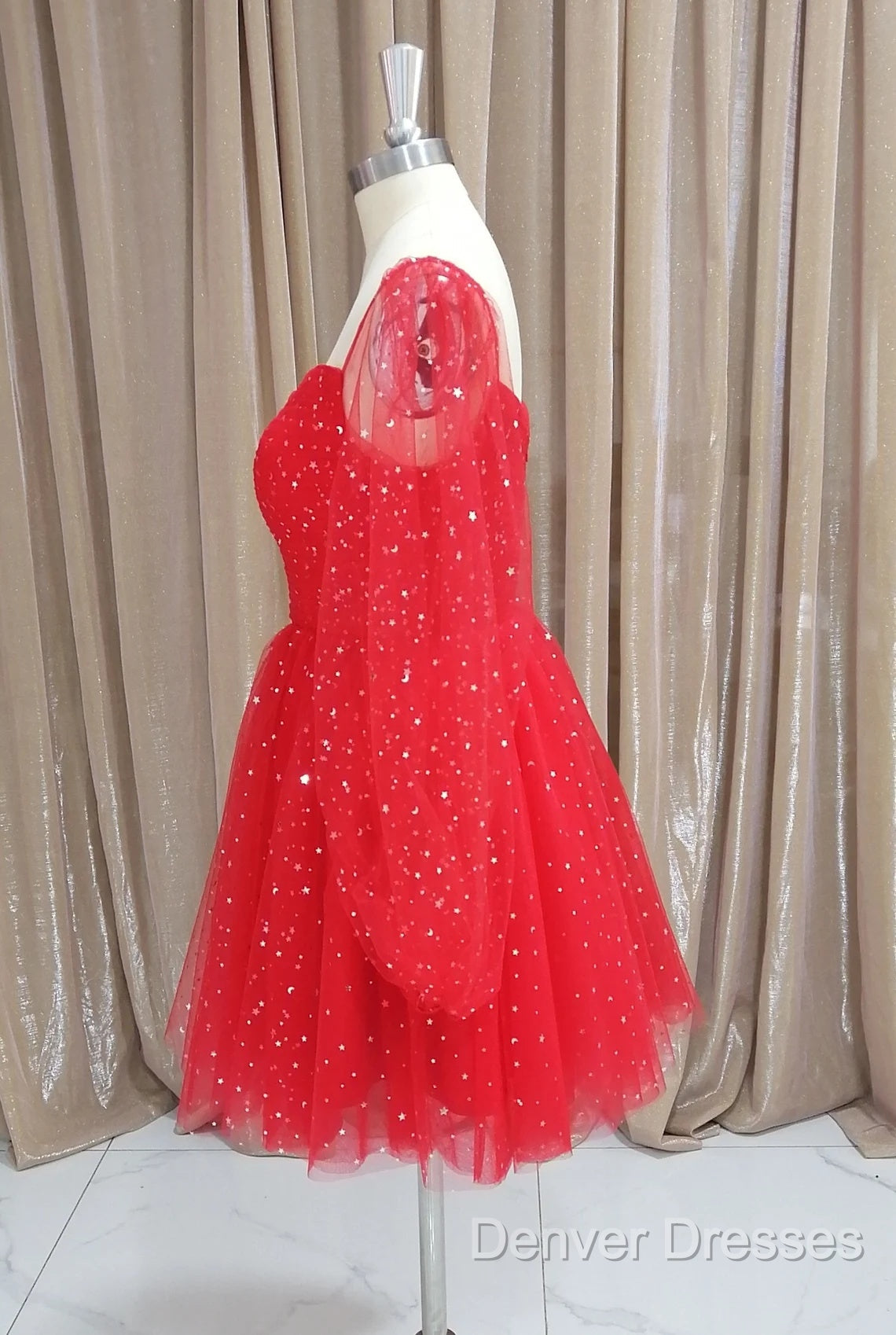 Red Tulle Long Puffy Sleeves Short Prom Dress, Red Tulle Homecoming Dress Secondary image