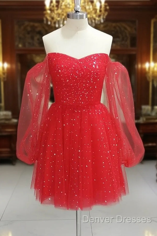 Red Tulle Long Puffy Sleeves Short Prom Dress, Red Tulle Homecoming Dress Main image