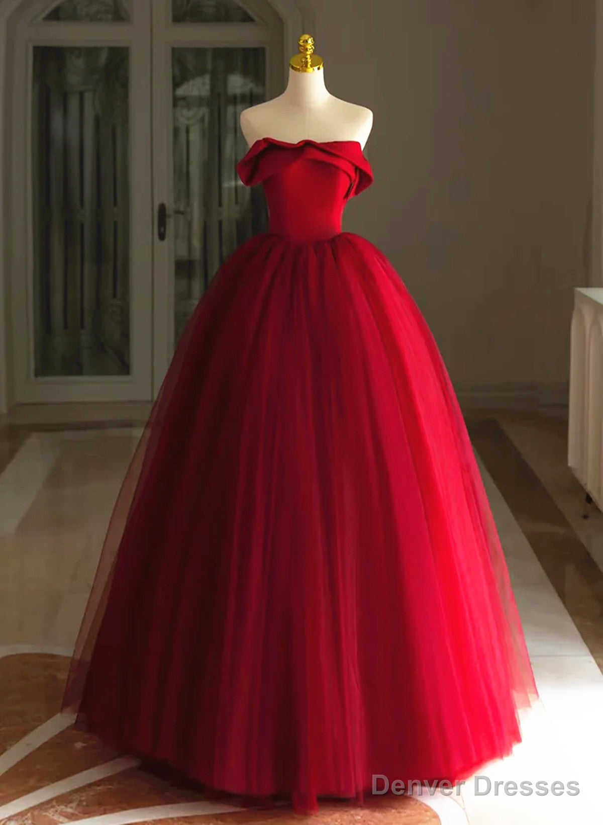 Red Tulle Long Scoop Long Prom Dress Party Dress, Red Evening Dress