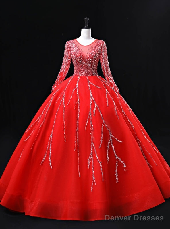 Red Tulle Long Sleeve Beading Sequins Backless Quinceanera Dress Main image