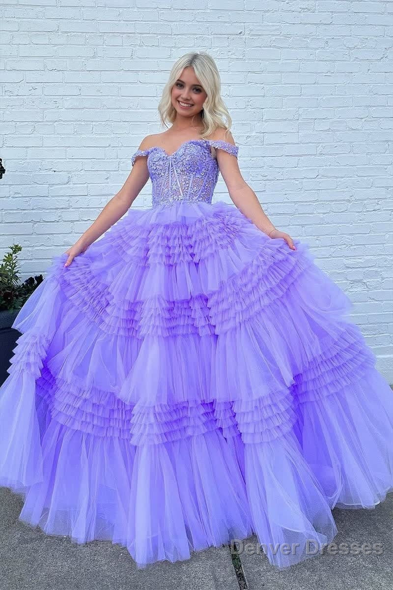 Red Tulle Off-the-Shoulder Ruffle Tiered Long Prom Dress