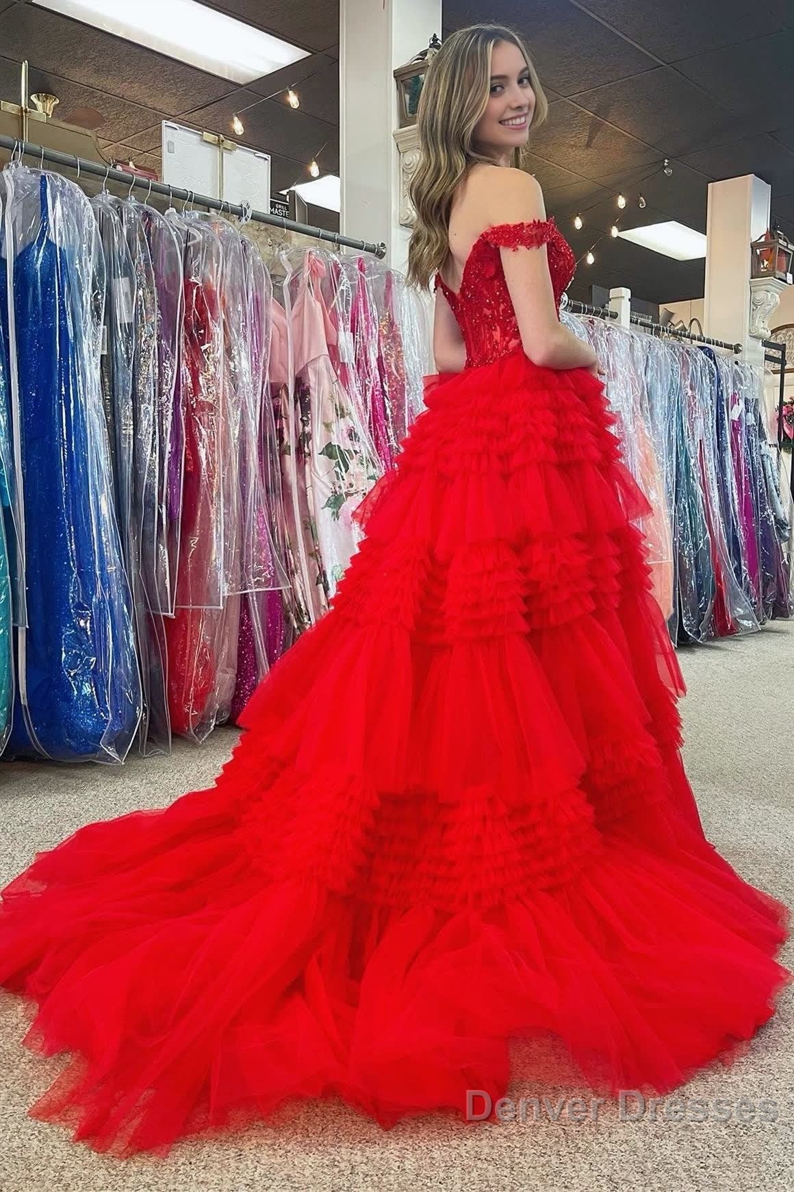 Red Tulle Off-the-Shoulder Ruffle Tiered Long Prom Dress Main image