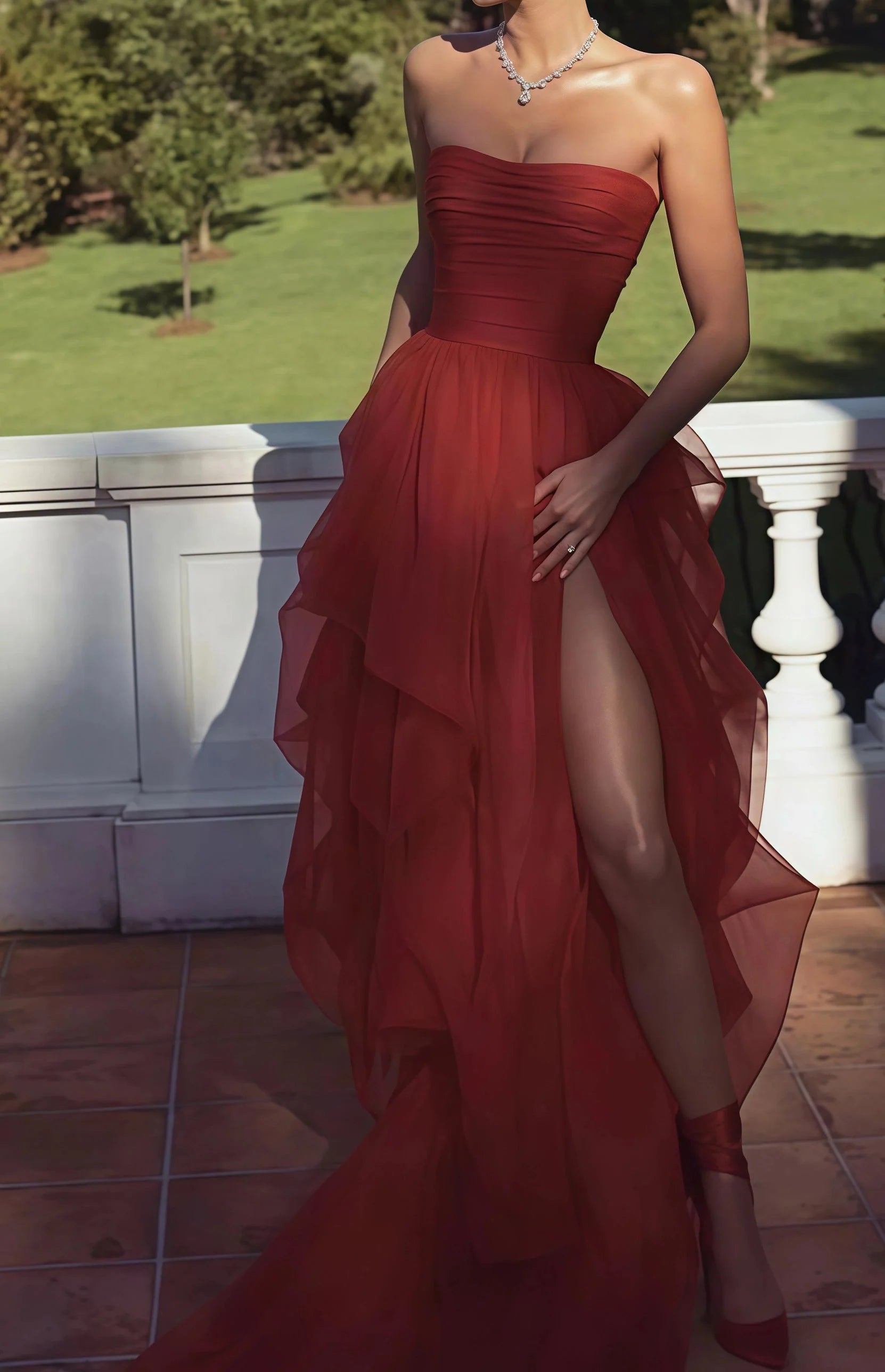 Red Tulle Prom Dress Strapless Ruffle Evening Dress Red Prom Dress Main image
