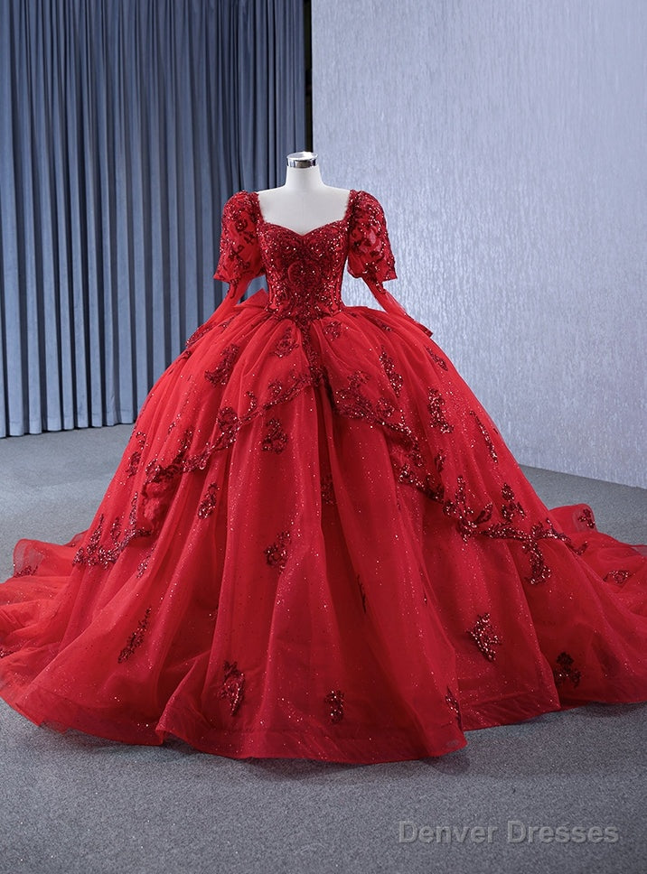 Red Tulle Sequins Appliques Long Sleeve Prom Dress Main image