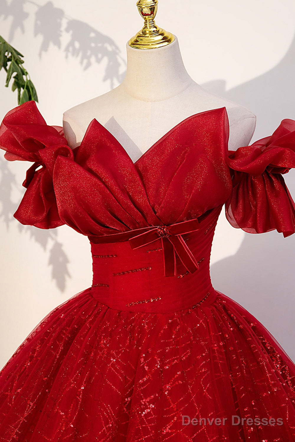 Red Tulle Sequins Long Formal Dress, Off the Shoulder Evening Dress