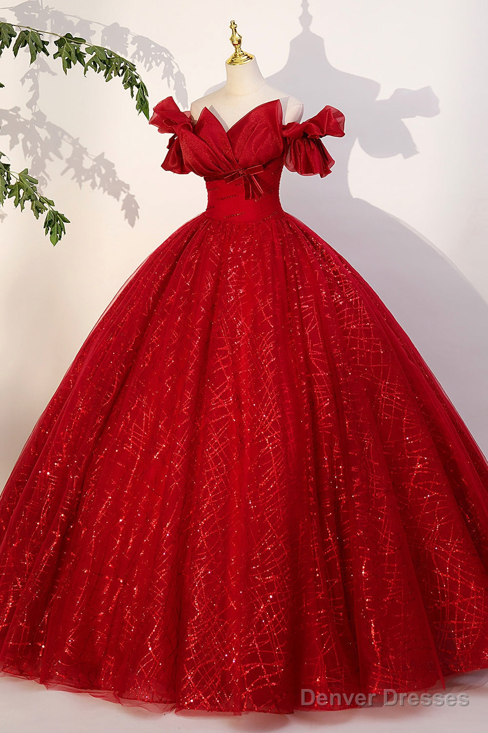 Red Tulle Sequins Long Formal Dress, Off the Shoulder Evening Dress Main image