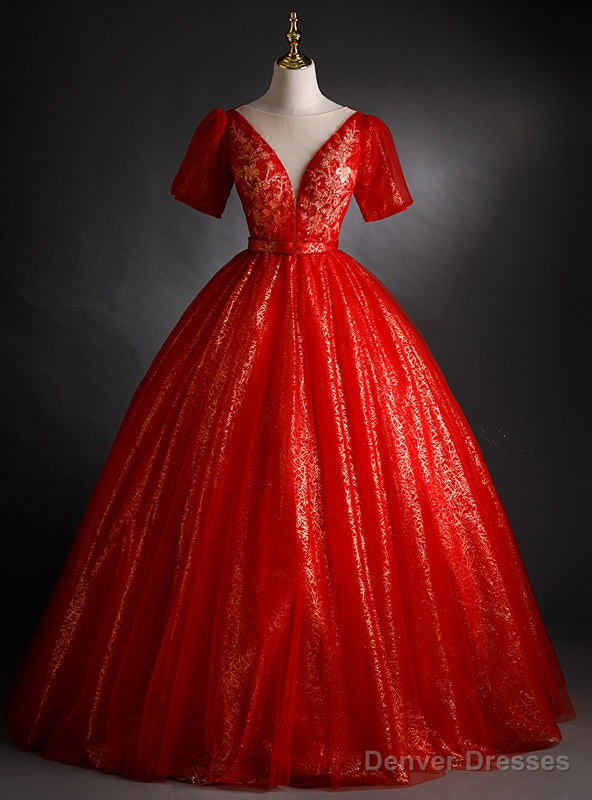 Red Tulle Sequins Short Sleeve Appliques Quinceanera Dress Main image