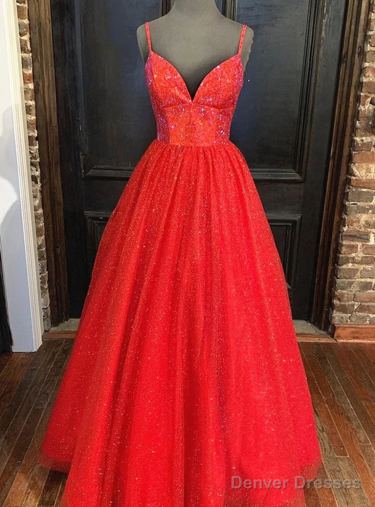 Red Tulle Sequins Spaghetti Straps Beading Prom Dress Main image