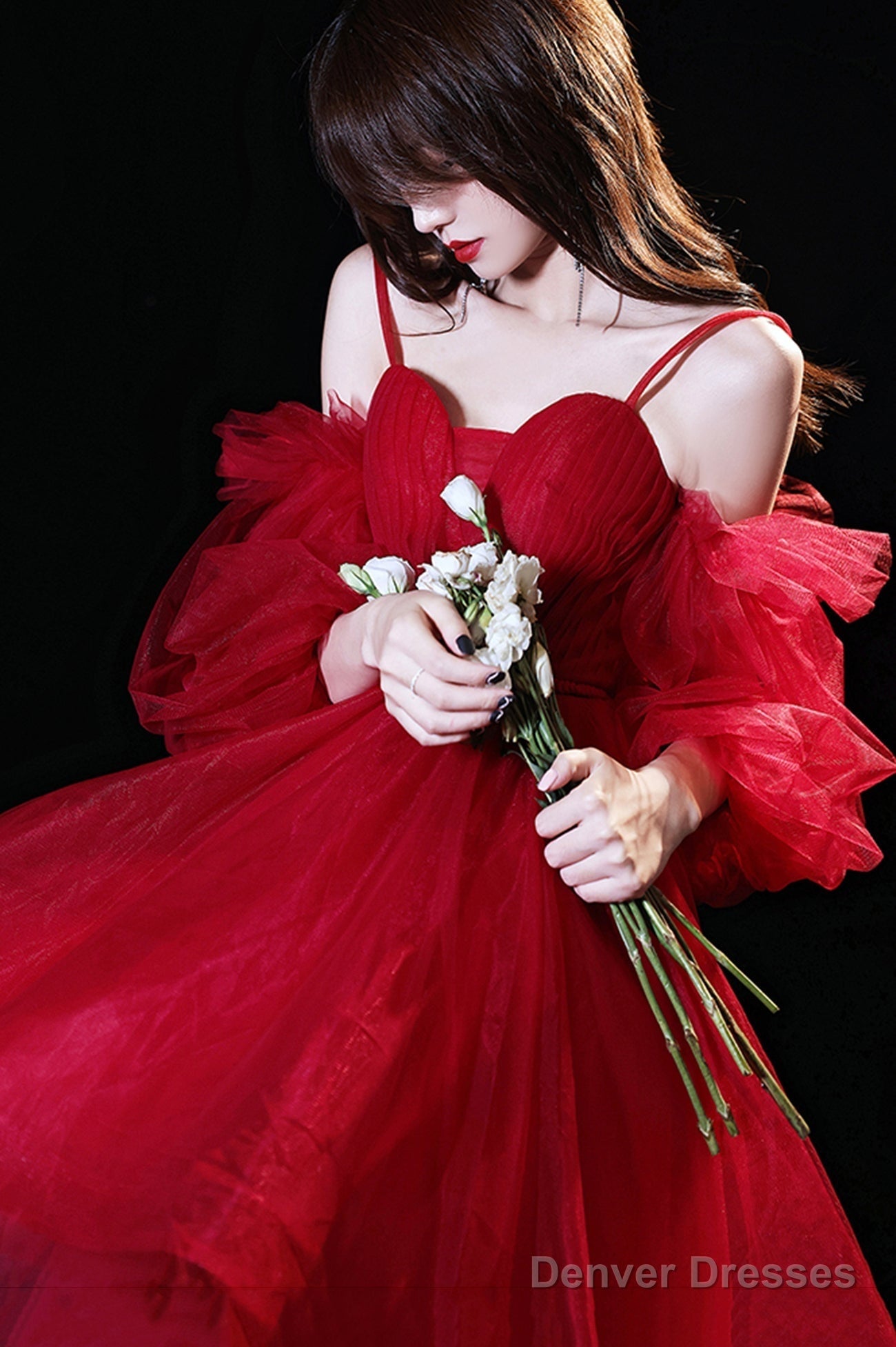 Red Tulle Short Prom Dress, A-Line Puff Sleeve Evening Party Dress