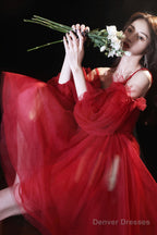 Red Tulle Short Prom Dress, A-Line Puff Sleeve Evening Party Dress
