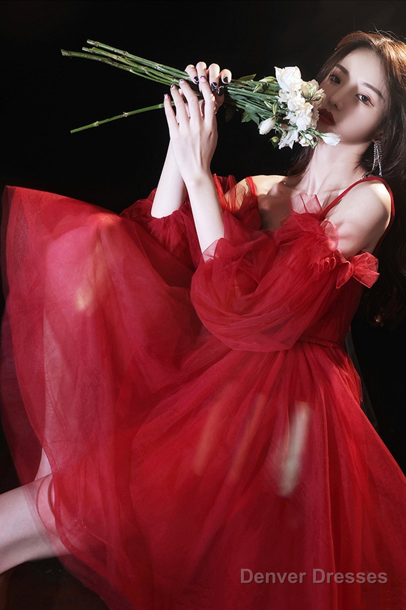 Red Tulle Short Prom Dress, A-Line Puff Sleeve Evening Party Dress