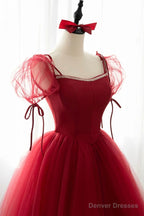 Red Tulle Short Sleeve Prom Dress, A-Line Floor Length Evening Graduation Dress