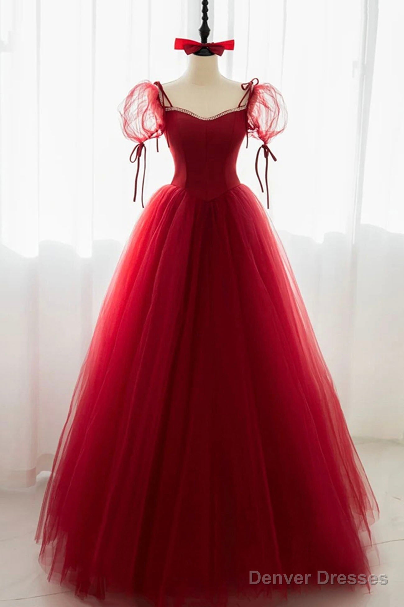 Red Tulle Short Sleeve Prom Dress, A-Line Floor Length Evening Graduation Dress Main image