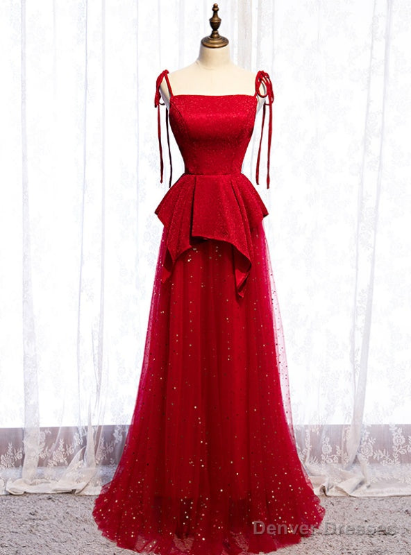 Red Tulle Spagehtti Straps Sequins Long Prom Dress