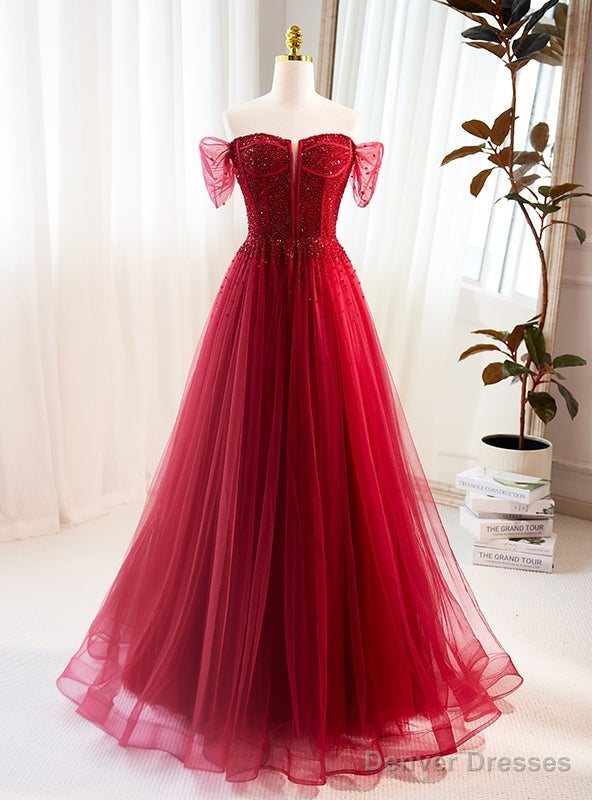 Red Tulle Strapless Beading Prom Dress Main image