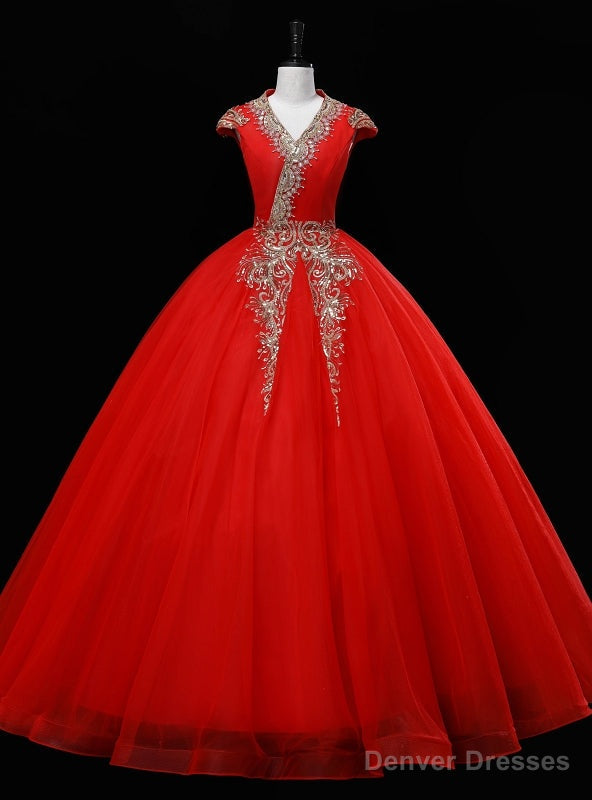 Red Tulle V-neck Cap Sleeve Sequins Beading Quinceanera Dress Main image