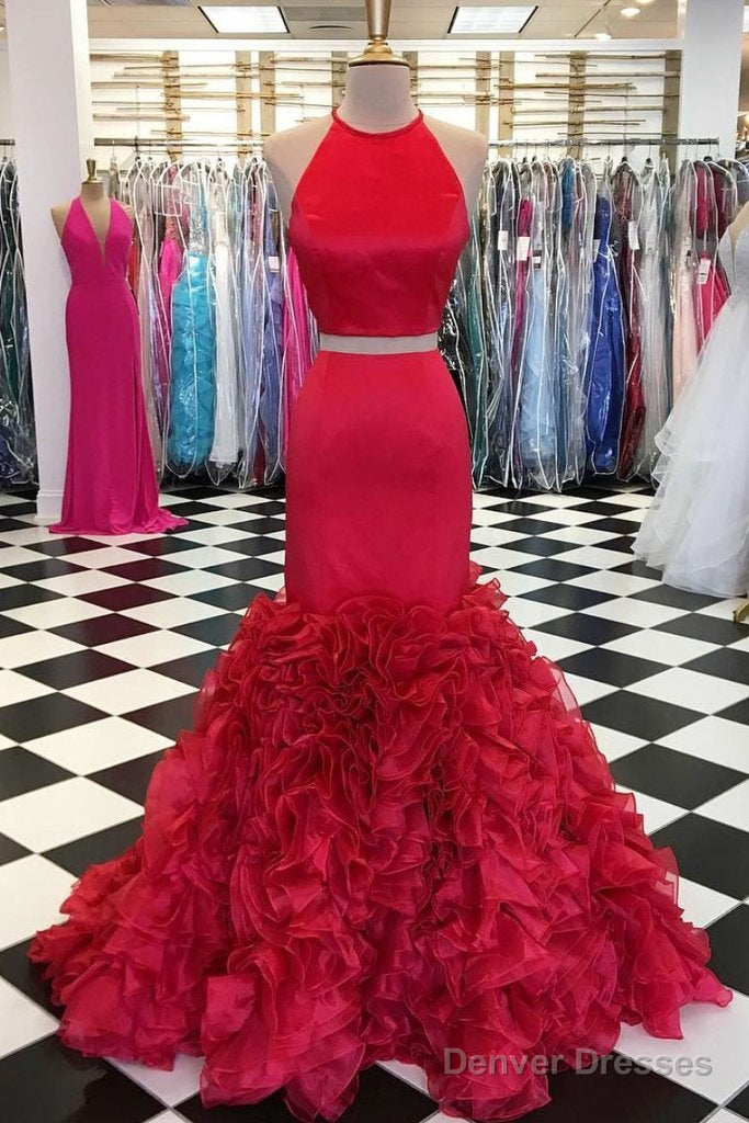 Red Two Piece Satin Ruffles Mermaid Long Prom Dress Main image
