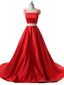 Red Two Pieces Satin Long Prom Dress, Red Satin Formal Evening Dress