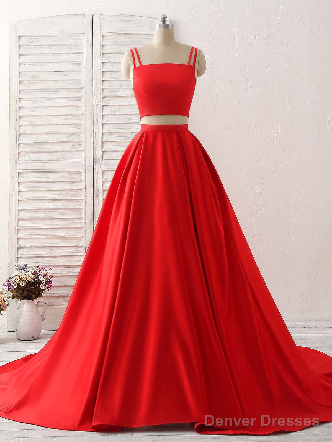 Red Two Pieces Satin Long Prom Dress Simple Red Evening Dress Main image