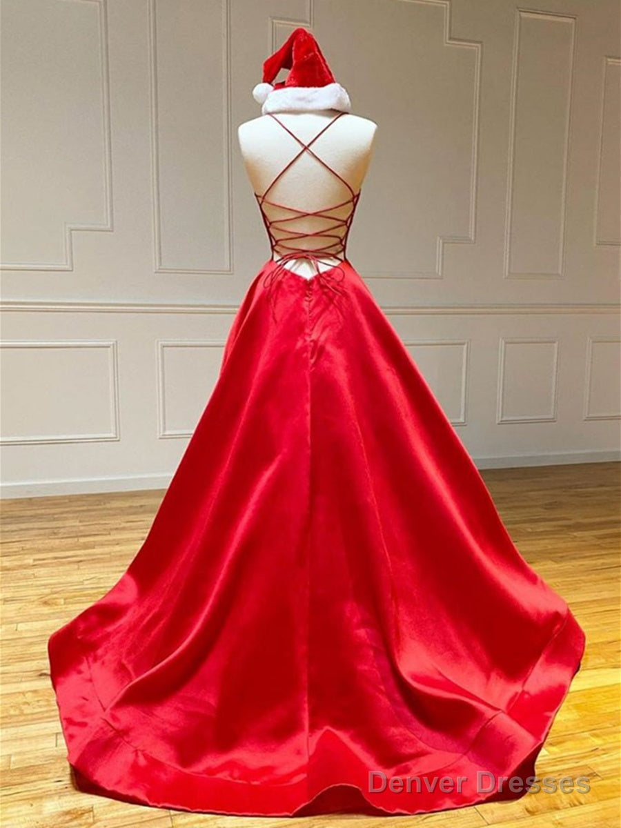 Red V Neck Backless Prom Dresses, Red Open Back Formal Graduation Evening Dresses Secondary image